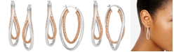 Macy's Two-Tone Textured & Polished Twist Hoop Earrings in Sterling Silver & 18k Rose Gold-Plate